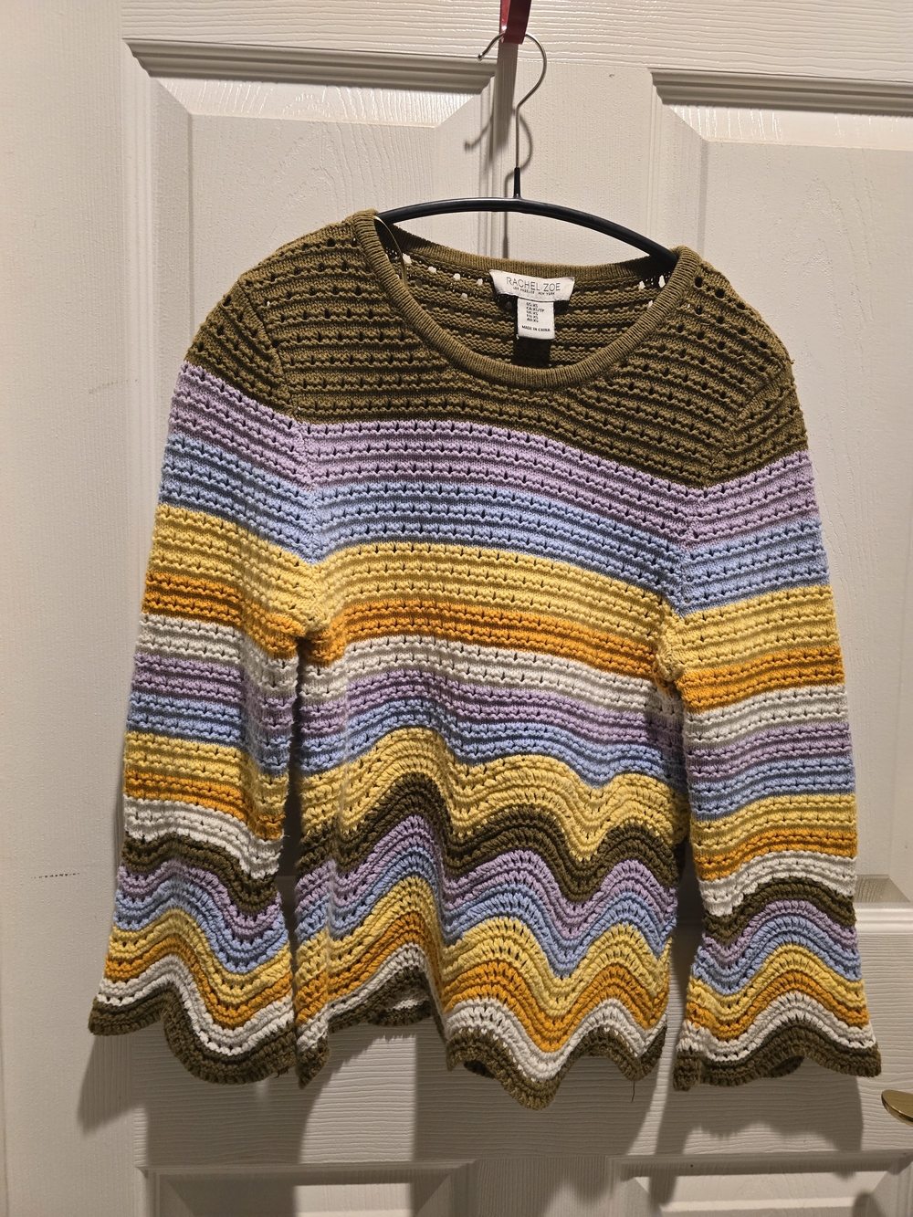 Rachel Zoe Olive, Yellow, Lavender & Blue Striped Crochet Sweater